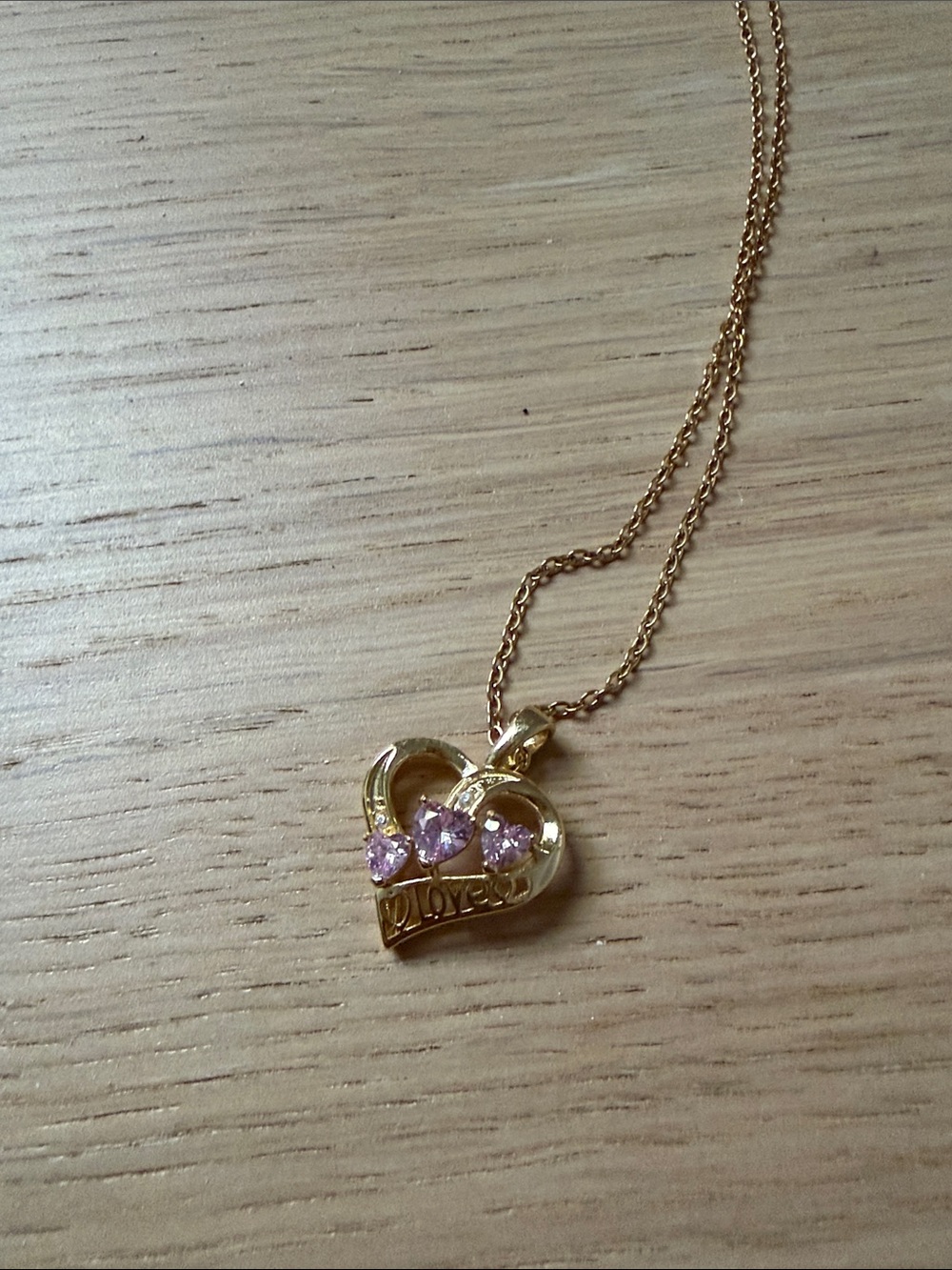 Gold-Tone Heart Pendant Necklace with Pink Stones